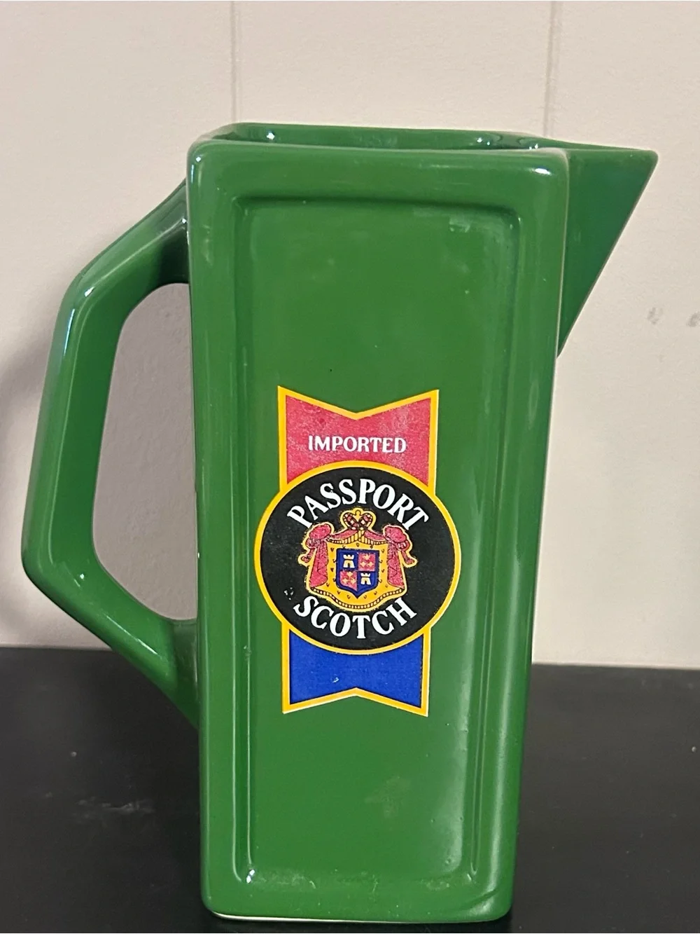 Passport Green Ceramic Pitcher with Multicolor Label